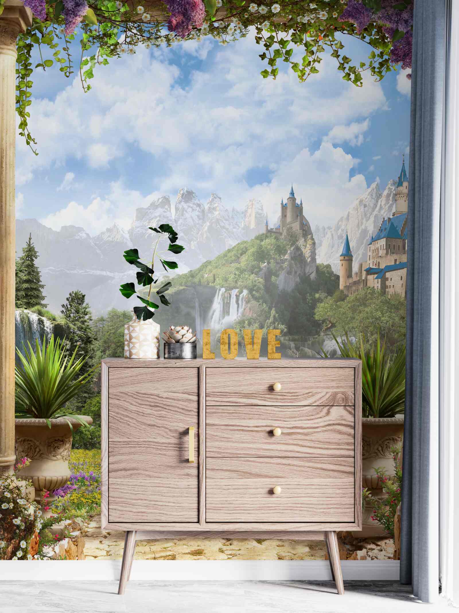 Фотошпалери майданчик з видом на замок і водоспад