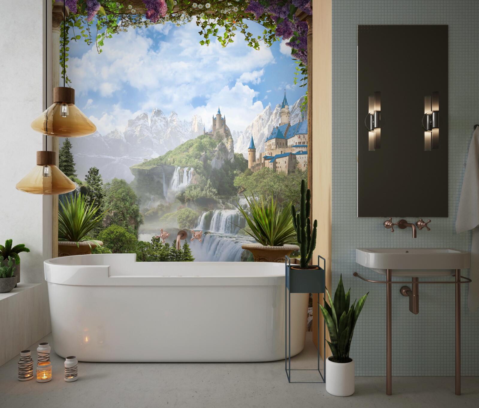 Фотошпалери майданчик з видом на замок і водоспад