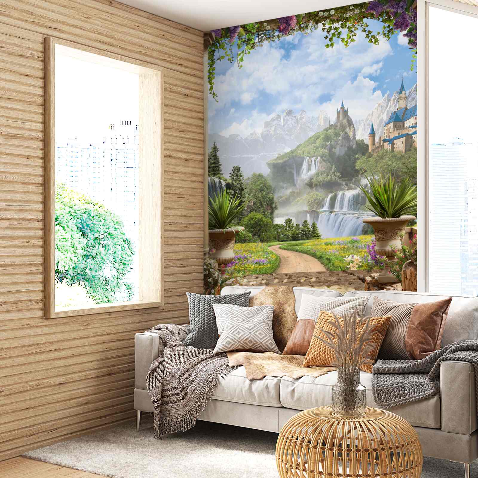 Фотошпалери майданчик з видом на замок і водоспад