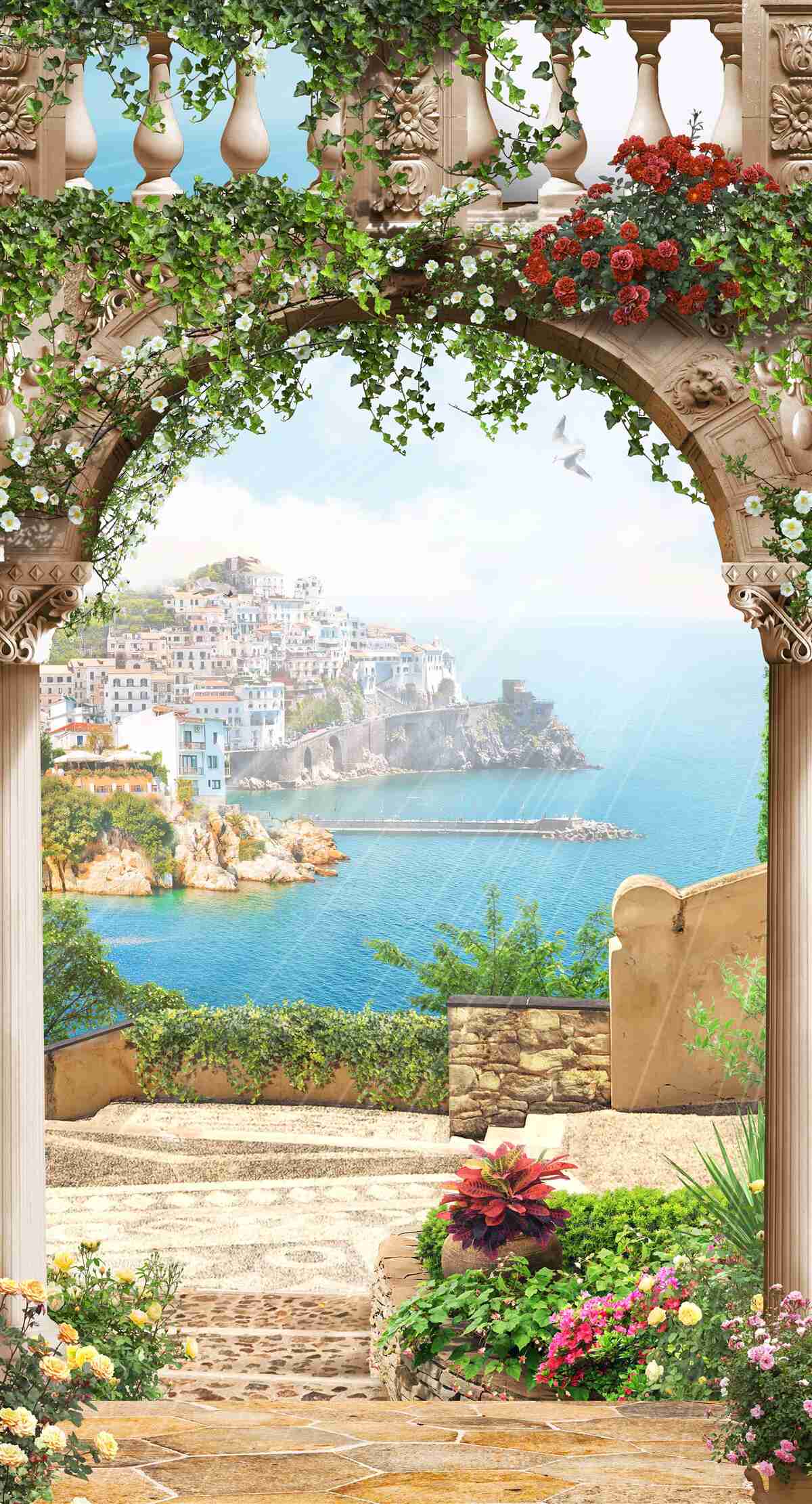 Фотошпалери дивовижний вид на море і місто з балкона