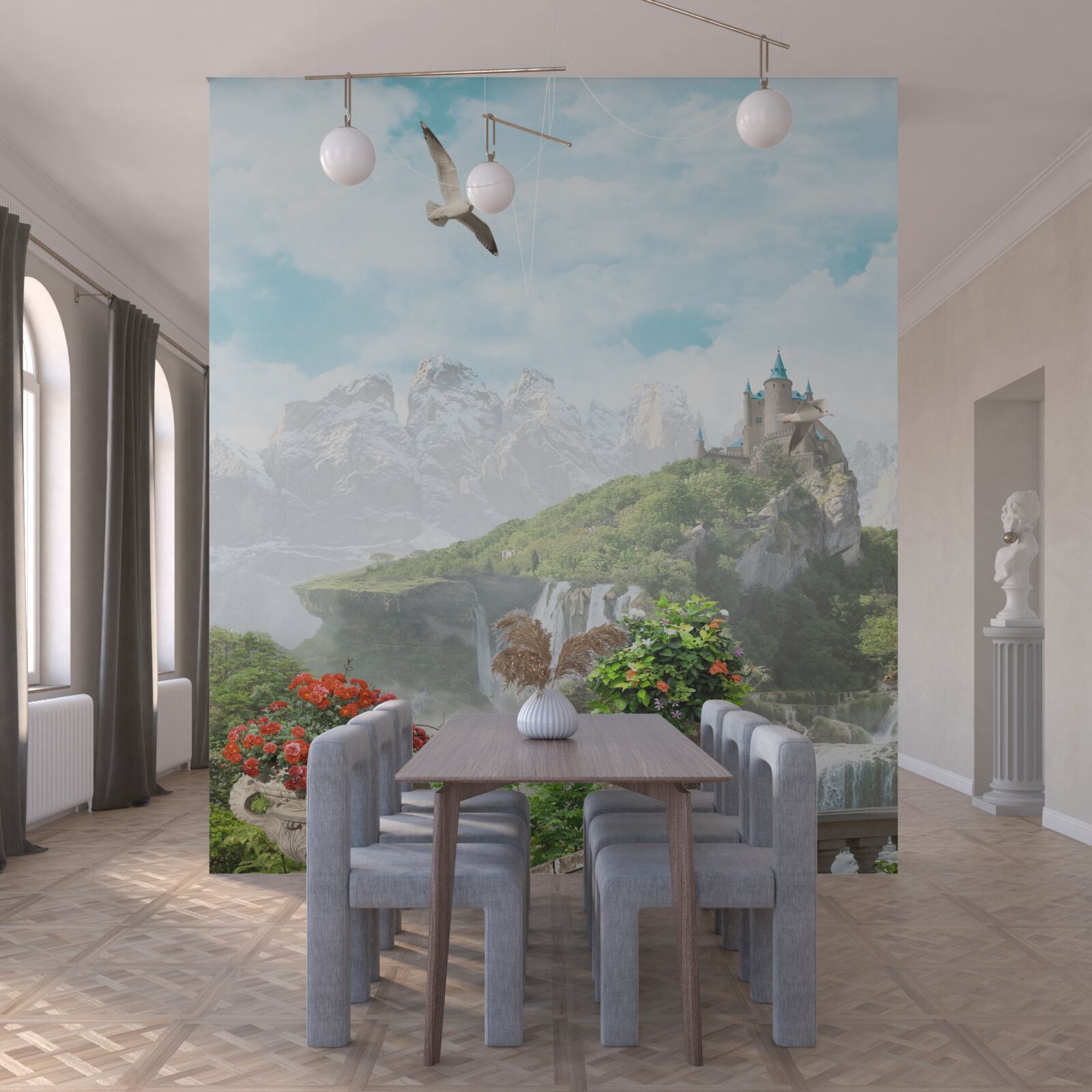 Фотошпалери балкон з квітами з видом на водоспад і замок