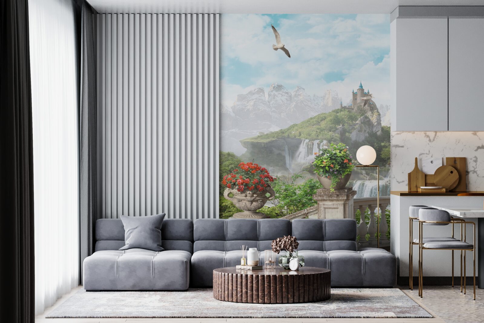 Фотошпалери балкон з квітами з видом на водоспад і замок