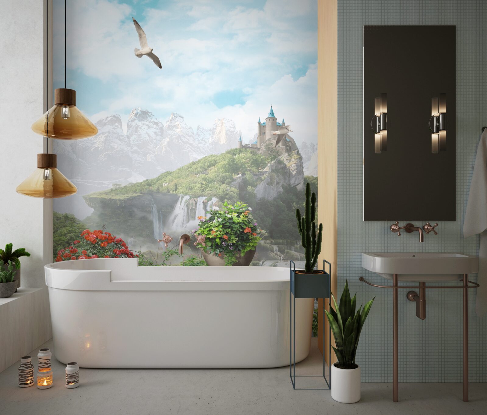 Фотошпалери балкон з квітами з видом на водоспад і замок