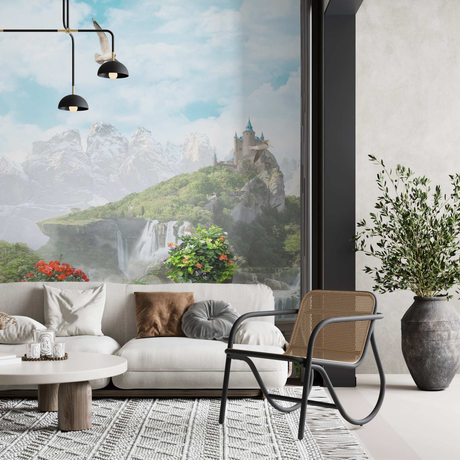 Фотошпалери балкон з квітами з видом на водоспад і замок