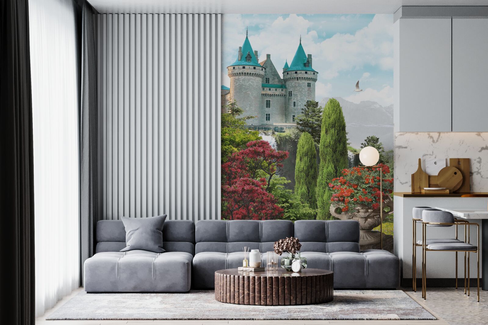 Фотошпалери казковий замок, оточений зеленню