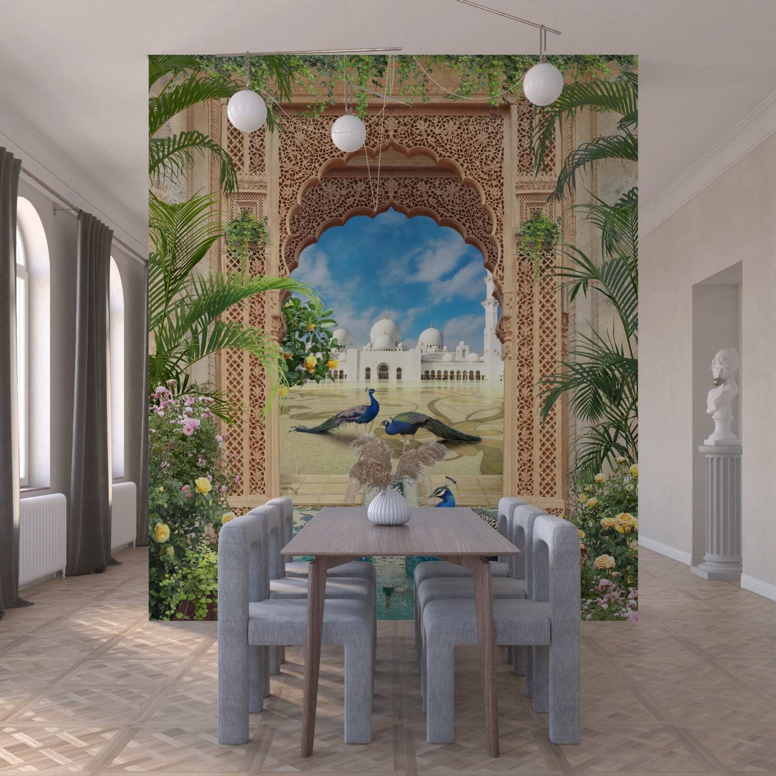 Фотошпалери павичі біля ставка з фонтаном