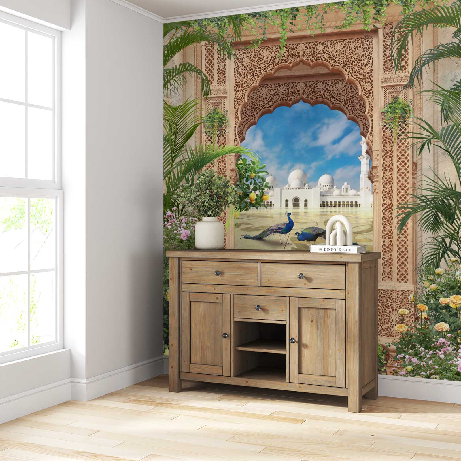 Фотошпалери павичі біля ставка з фонтаном