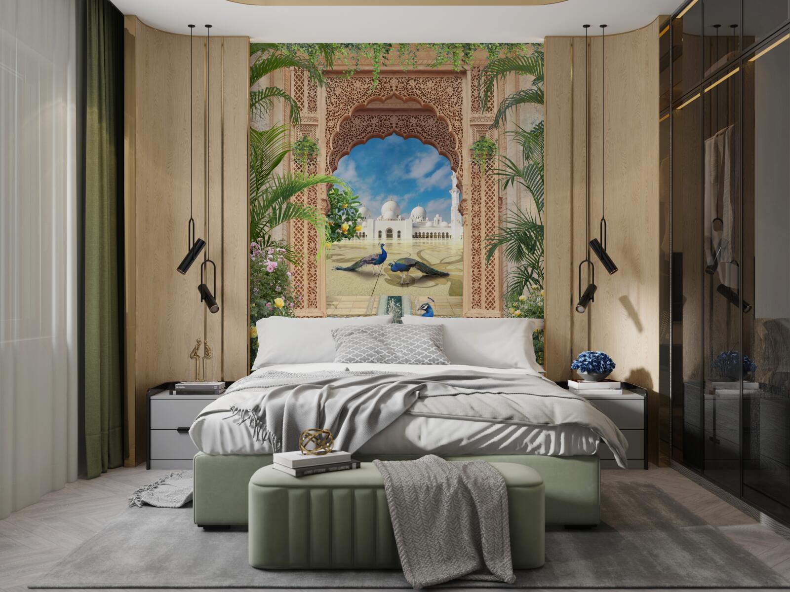 Фотошпалери павичі біля ставка з фонтаном