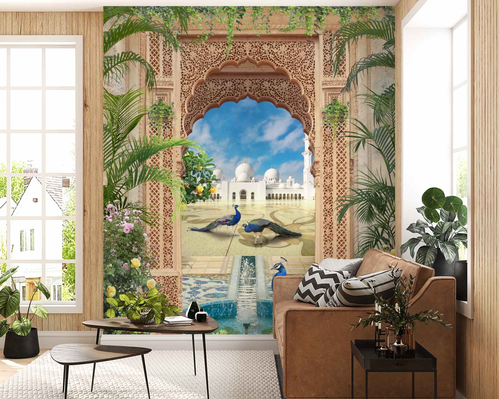 Фотошпалери павичі біля ставка з фонтаном