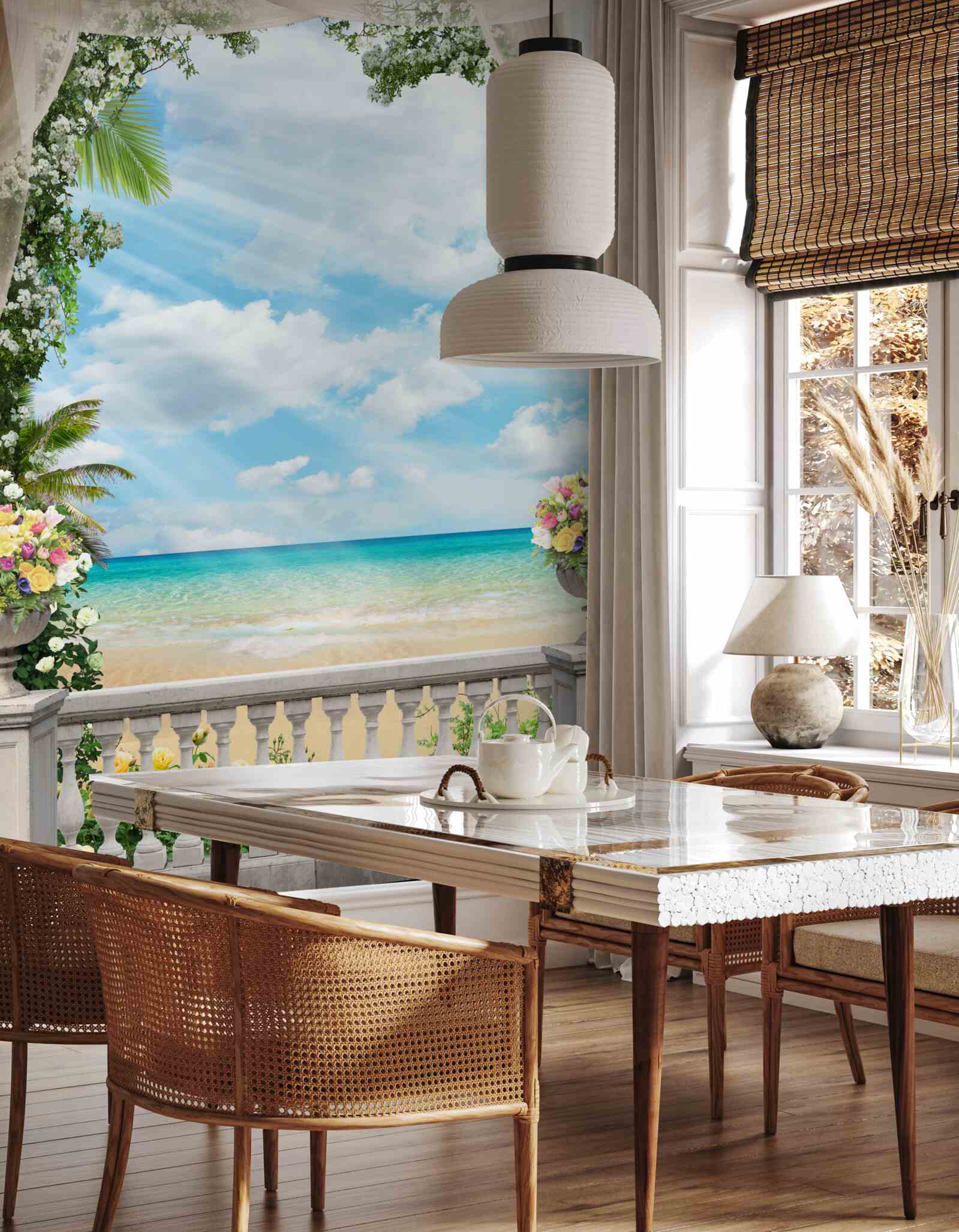 Фотошпалери вікна балконів виходять на піщаний пляж і море