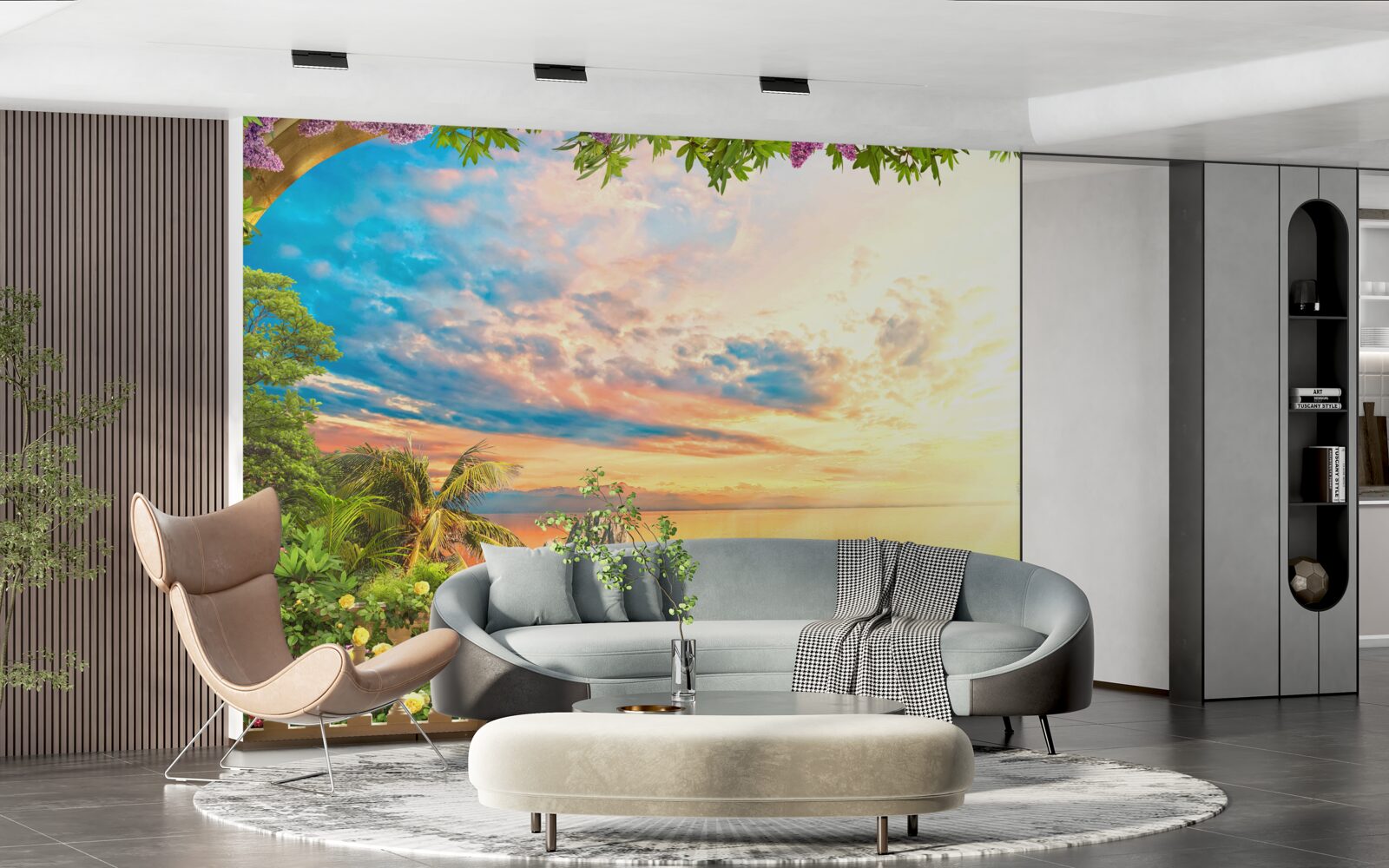 Фотошпалери тераса з видом на море, залита світлом призахідного сонця