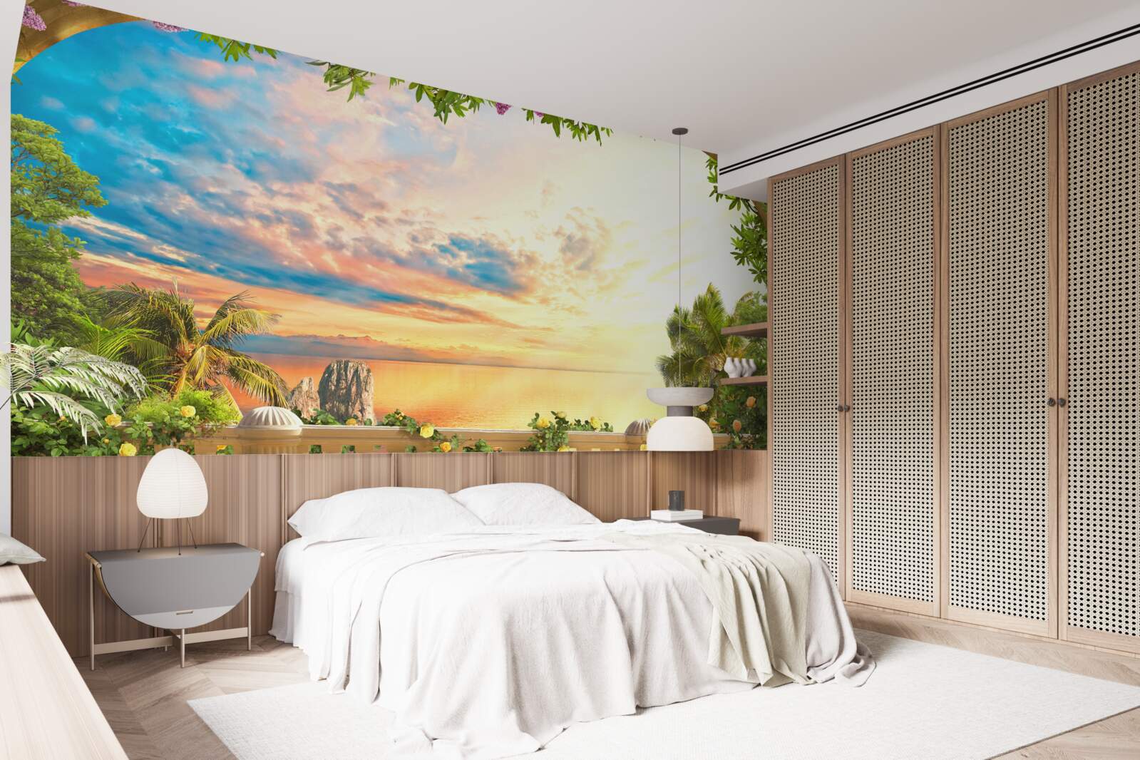 Фотошпалери тераса з видом на море, залита світлом призахідного сонця