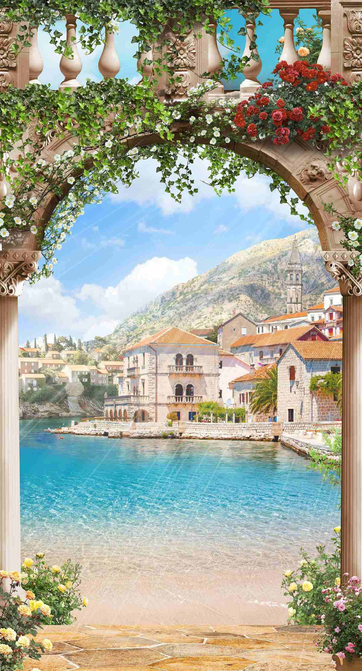 Фотошпалери вид на море через квітучу арку