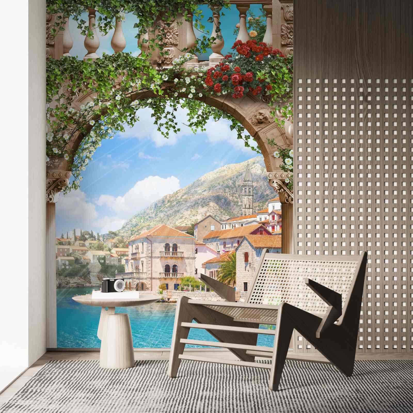 Фотошпалери вид на море через квітучу арку