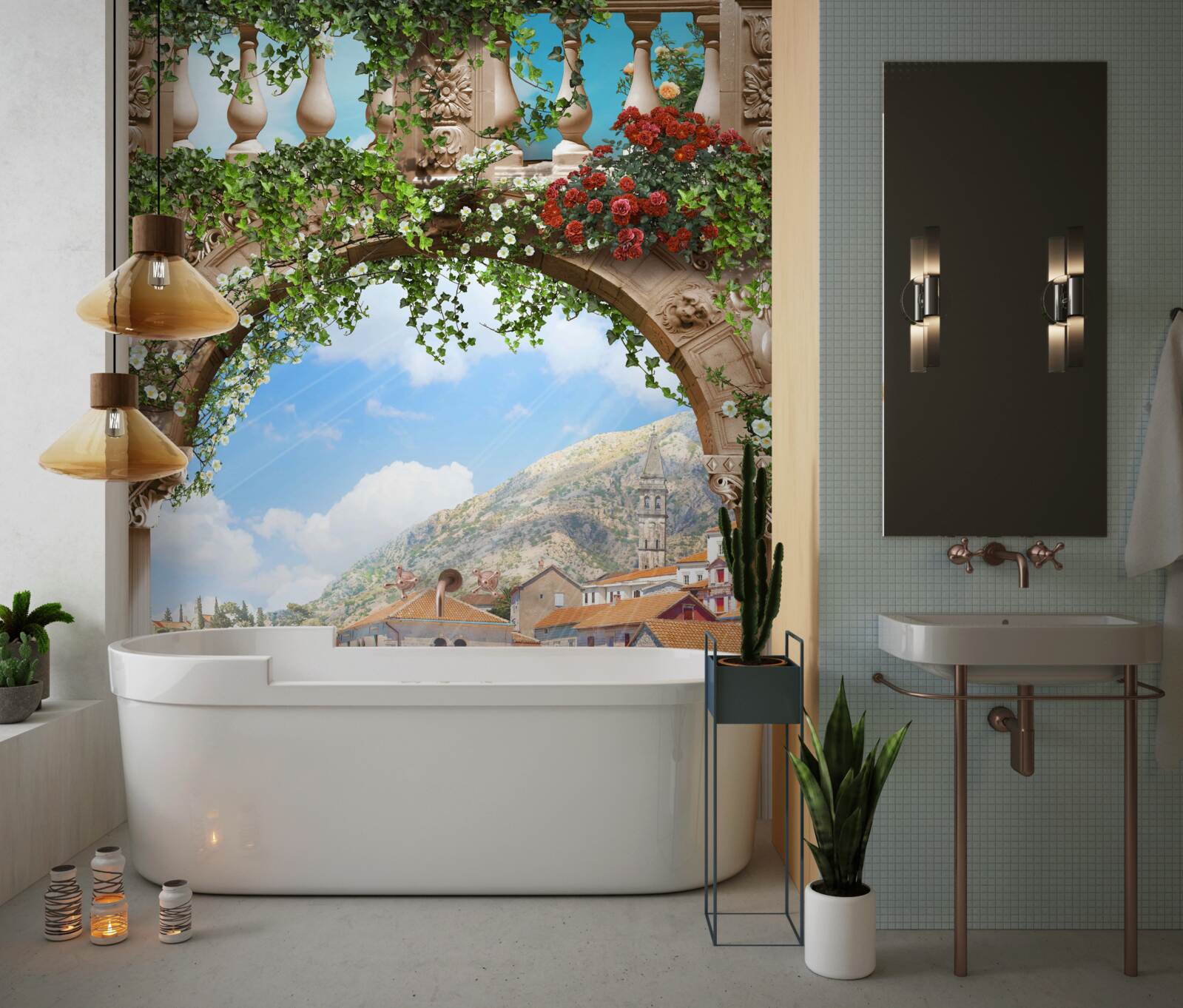 Фотошпалери вид на море через квітучу арку