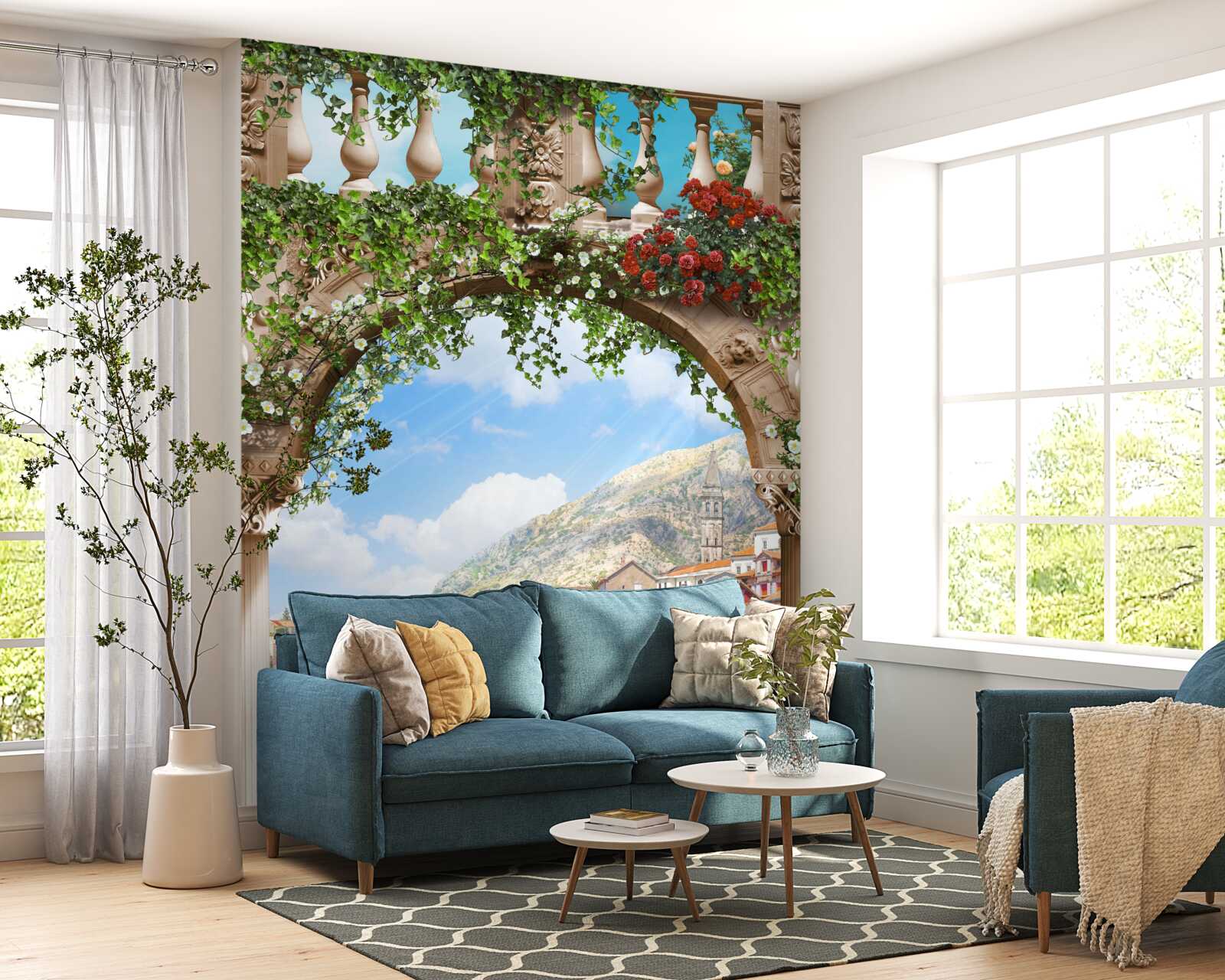 Фотошпалери вид на море через квітучу арку