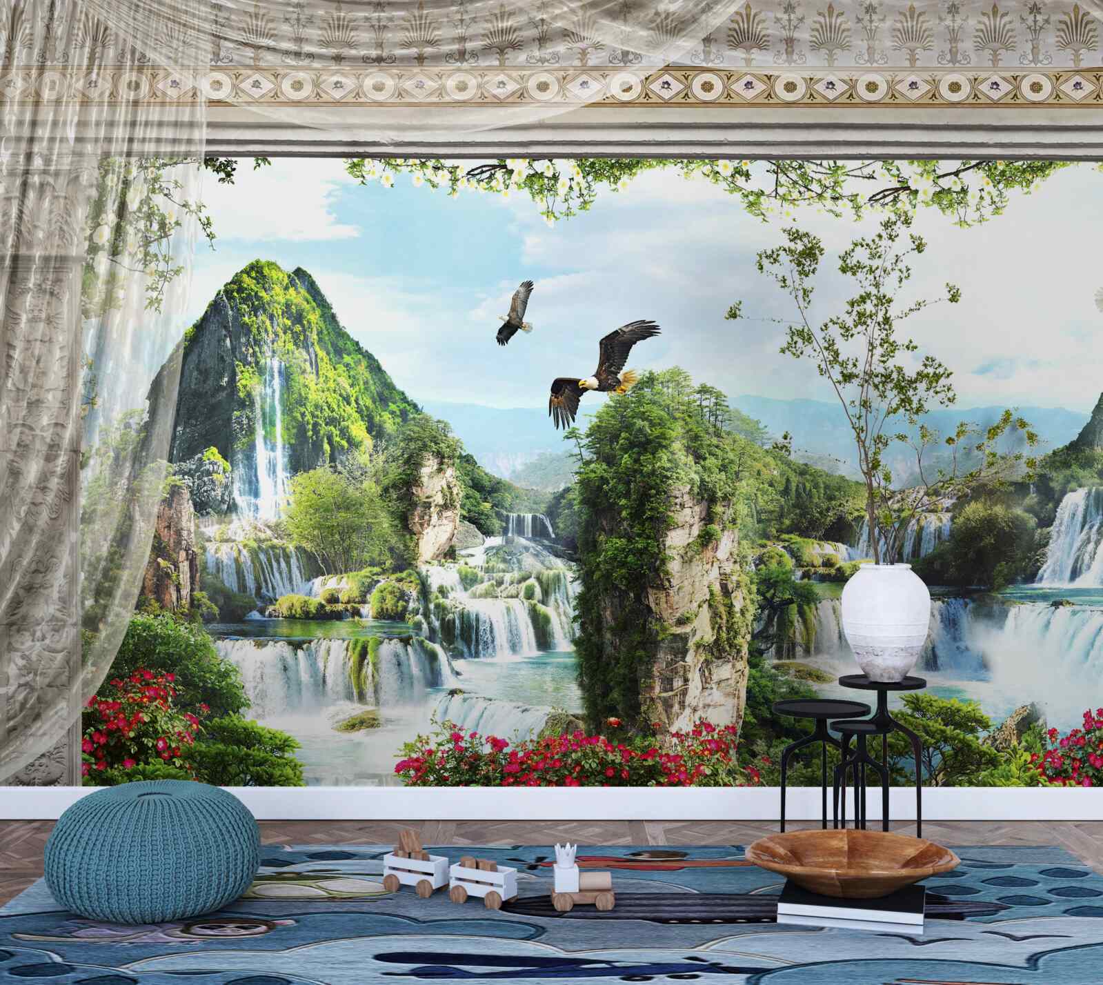 Фотошпалери пейзаж з горами та водоспадами