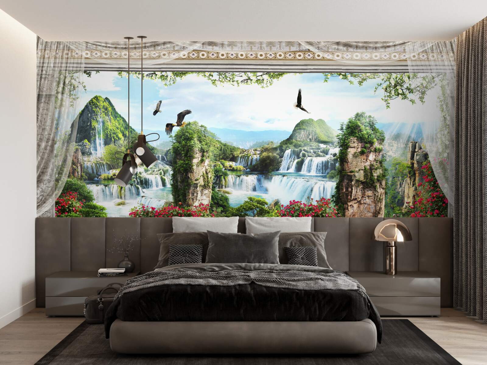 Фотошпалери пейзаж з горами та водоспадами