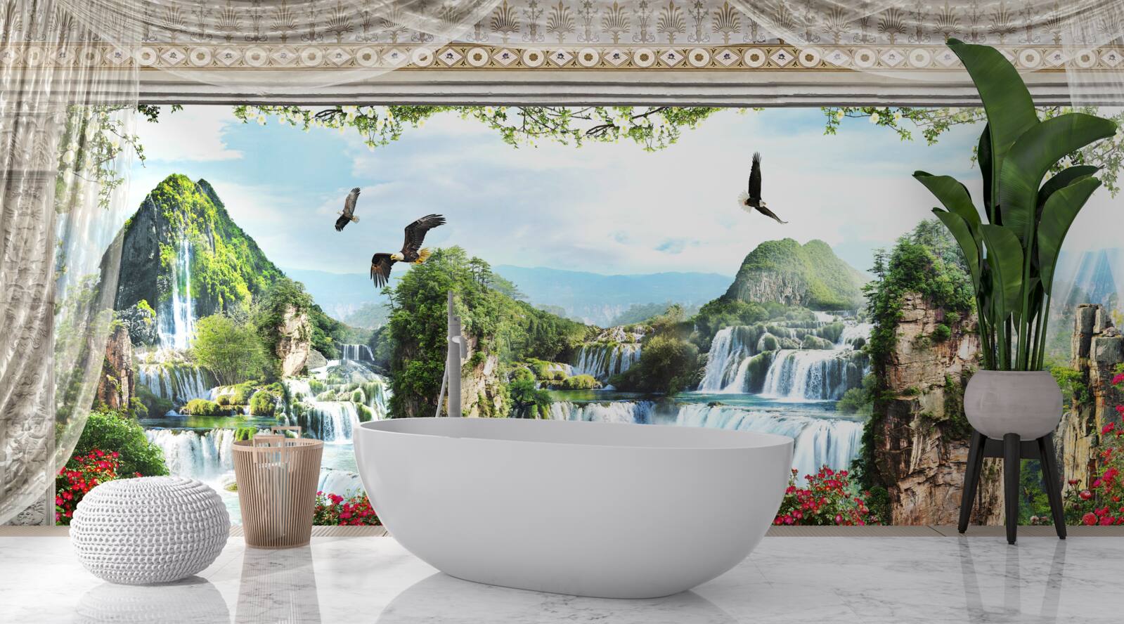 Фотошпалери пейзаж з горами та водоспадами