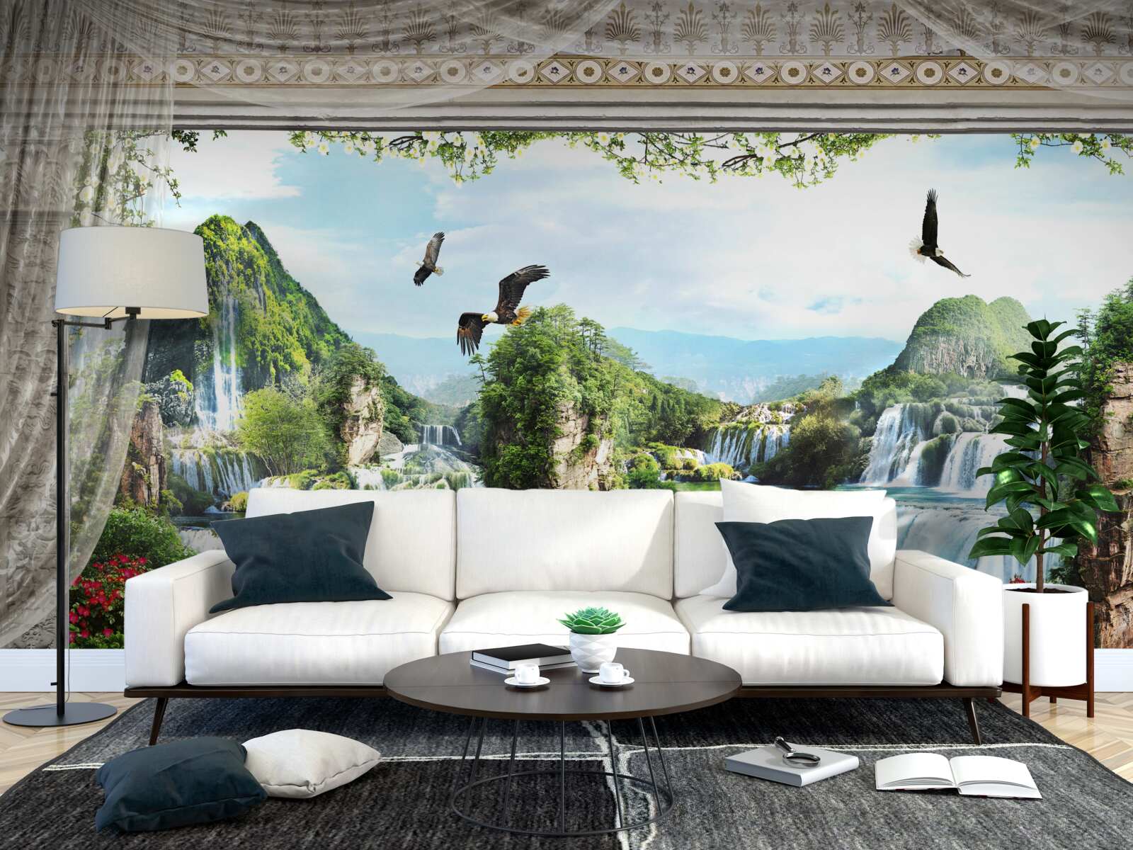 Фотошпалери пейзаж з горами та водоспадами