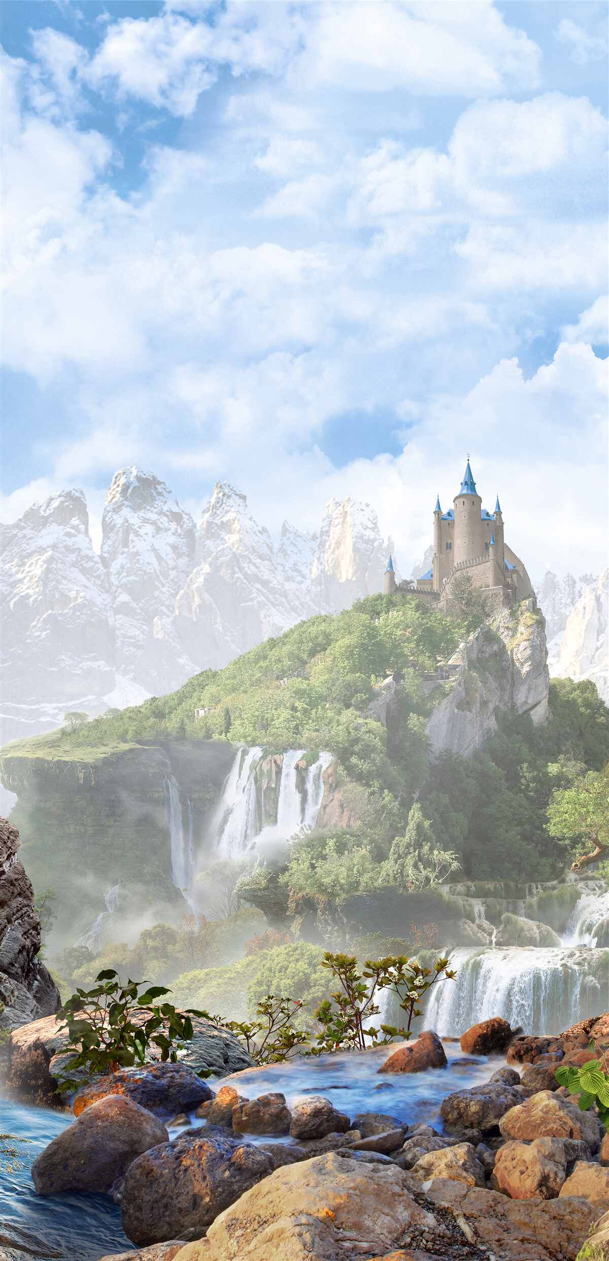 Фотошпалери водоспади та замок, що видніються вдалині