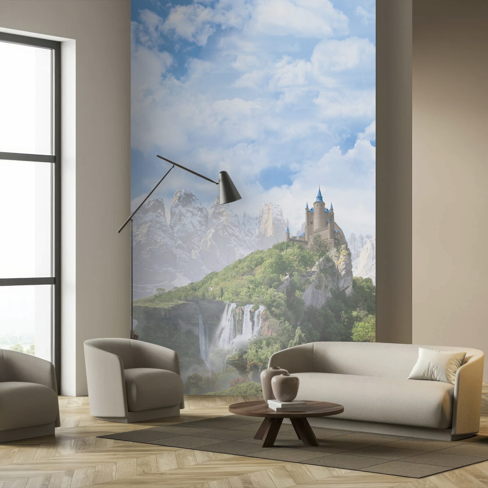 Фотошпалери водоспади та замок, що видніються вдалині