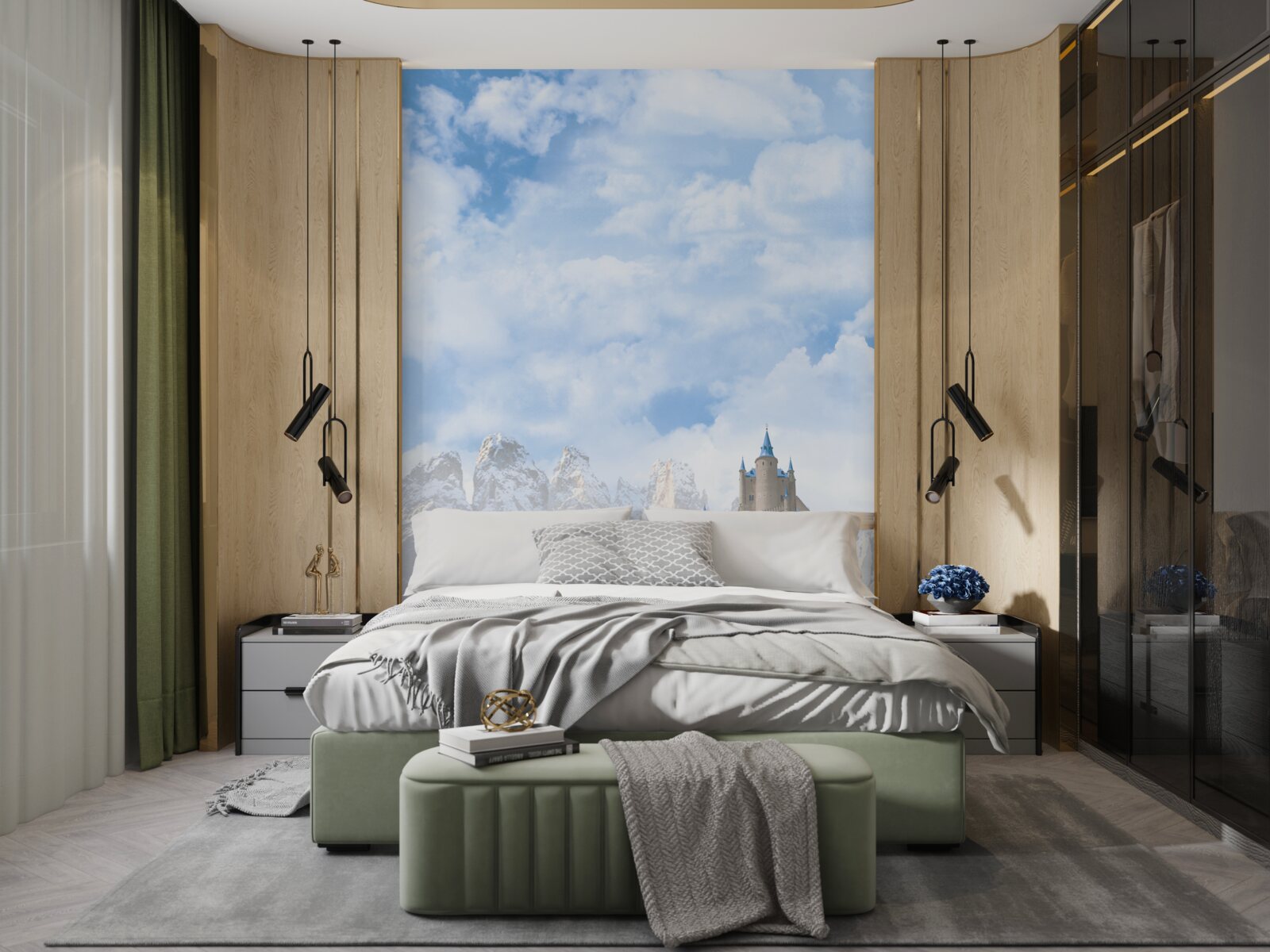 Фотошпалери водоспади та замок, що видніються вдалині