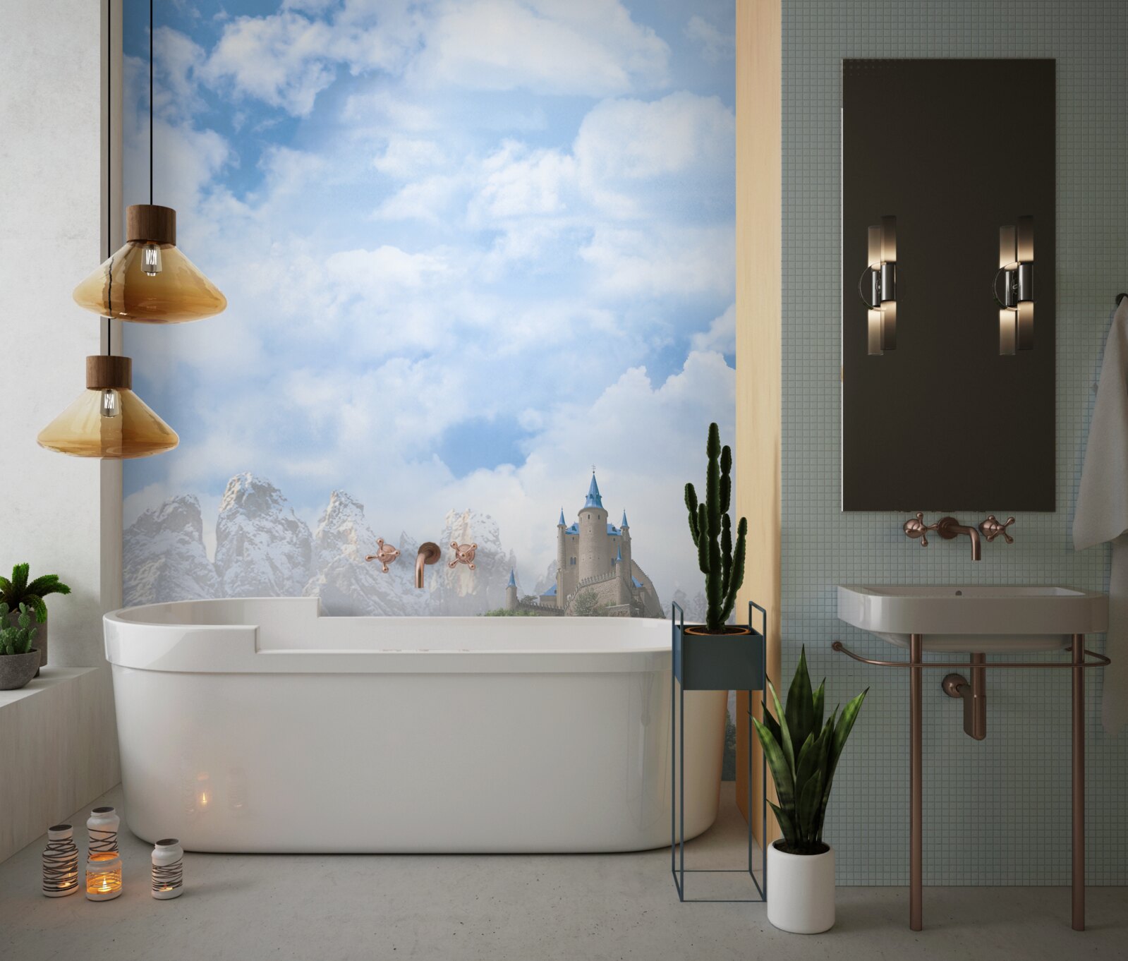 Фотошпалери водоспади та замок, що видніються вдалині