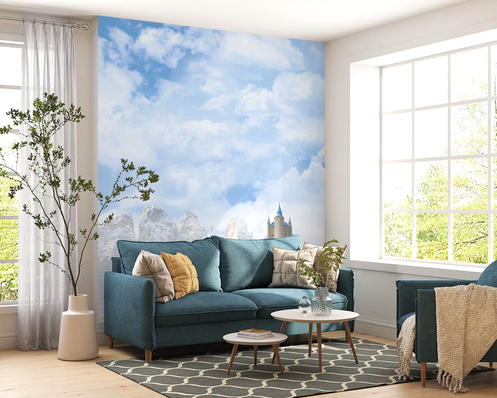 Фотошпалери водоспади та замок, що видніються вдалині