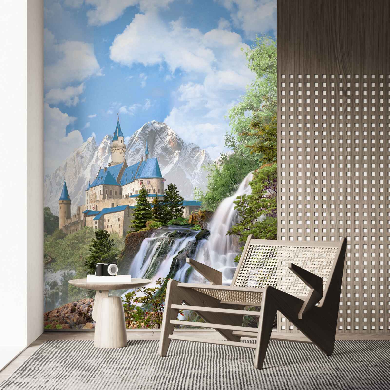 Фотошпалери фортеця на тлі водного каскаду