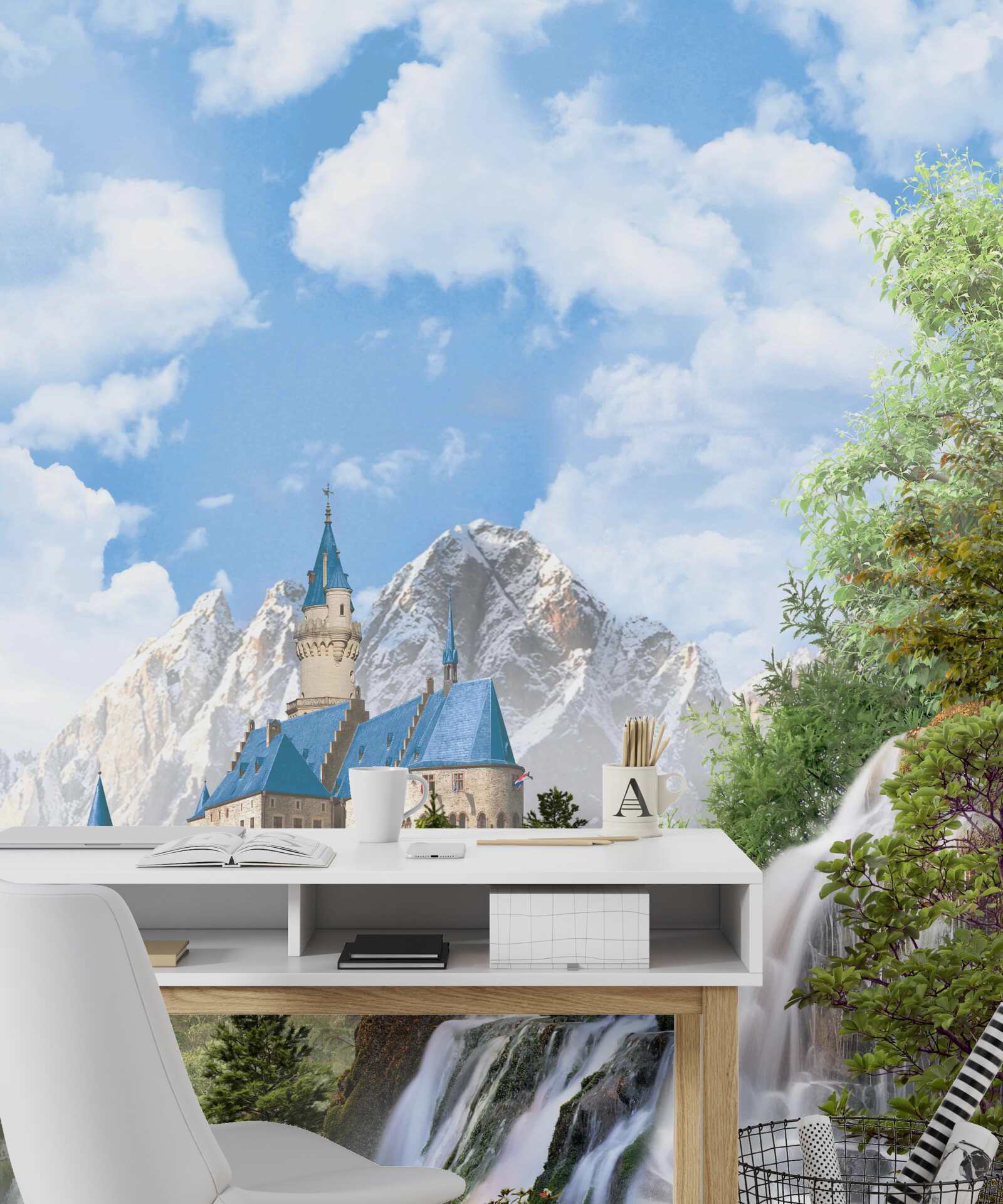 Фотошпалери фортеця на тлі водного каскаду