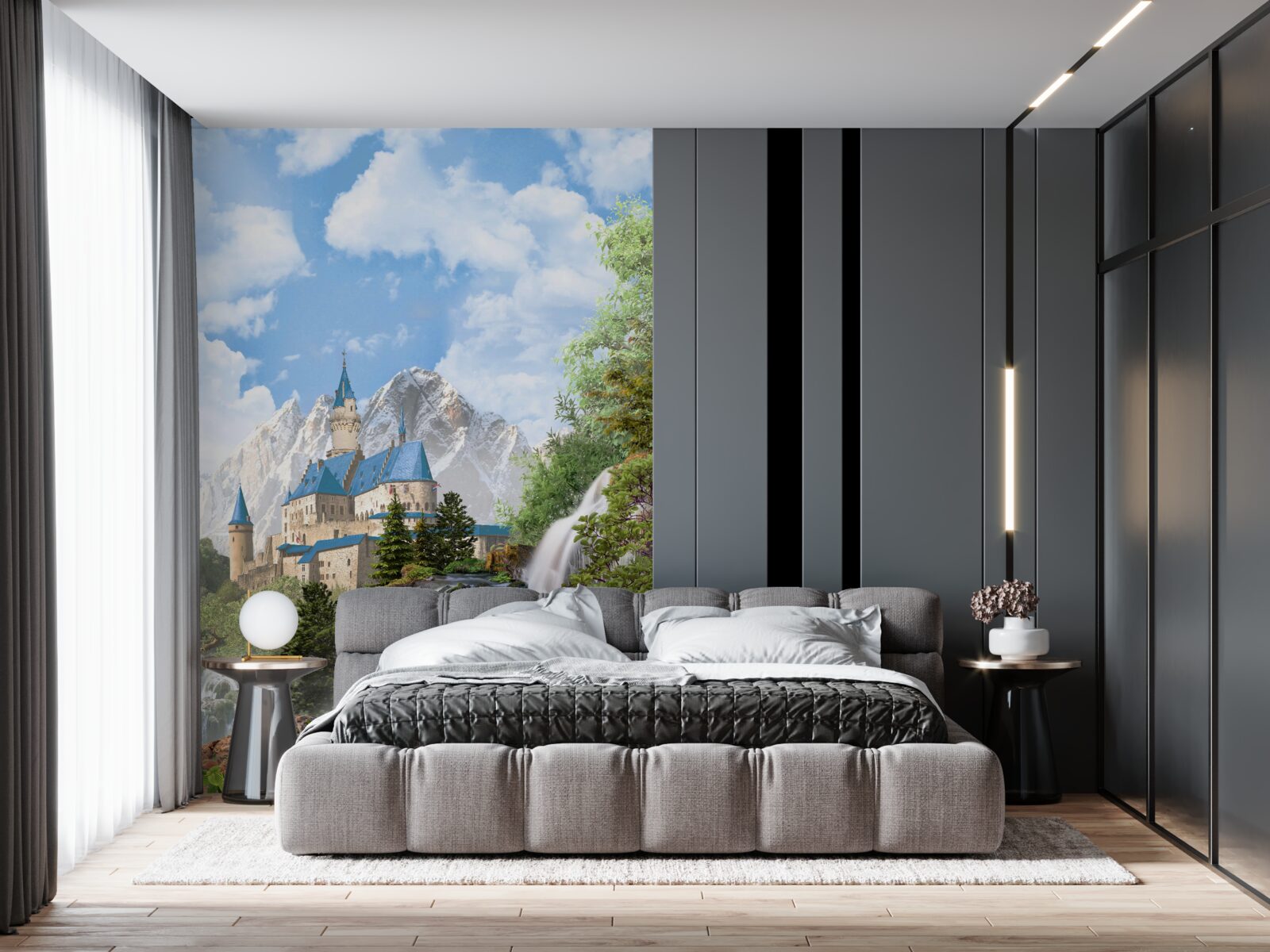 Фотошпалери фортеця на тлі водного каскаду