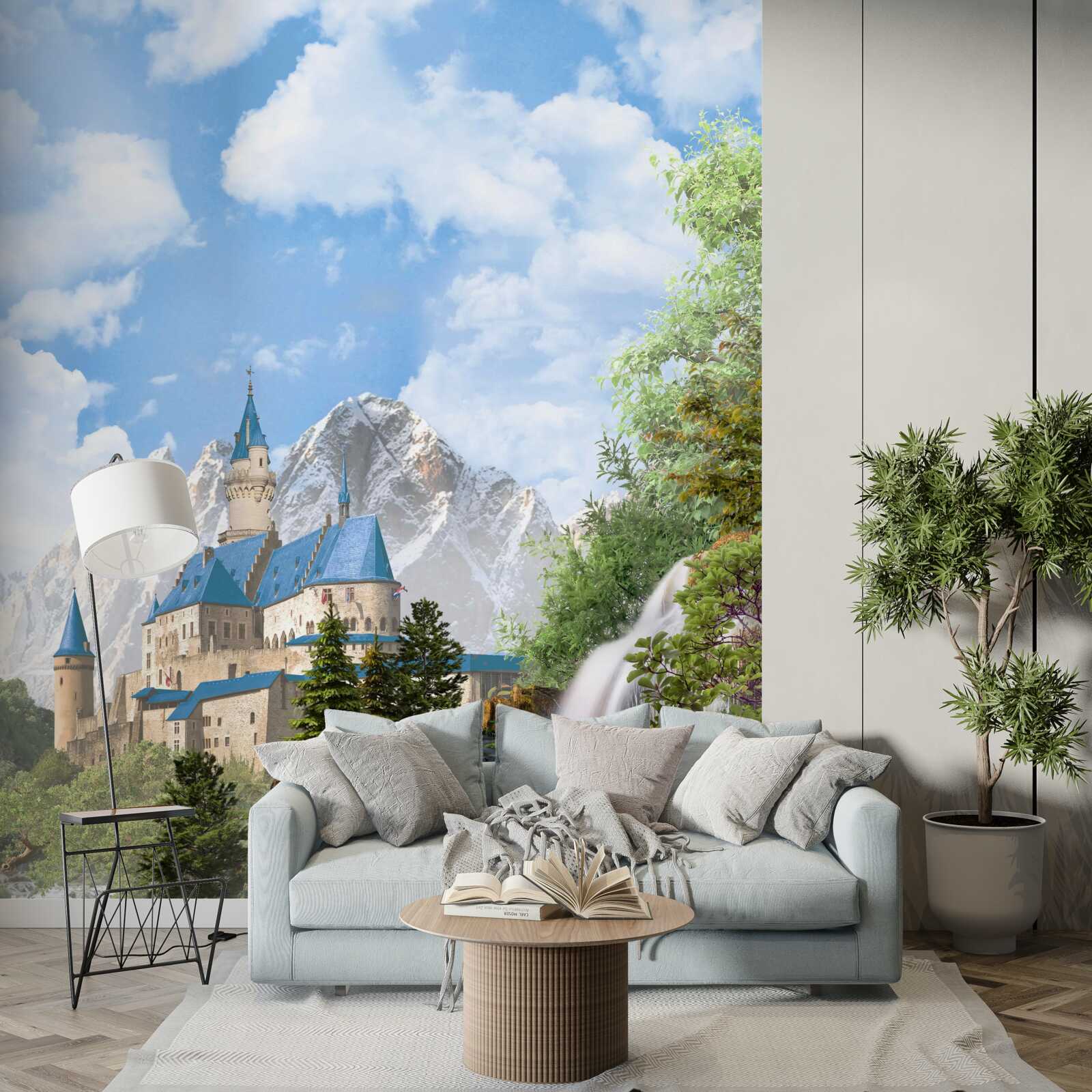 Фотошпалери фортеця на тлі водного каскаду