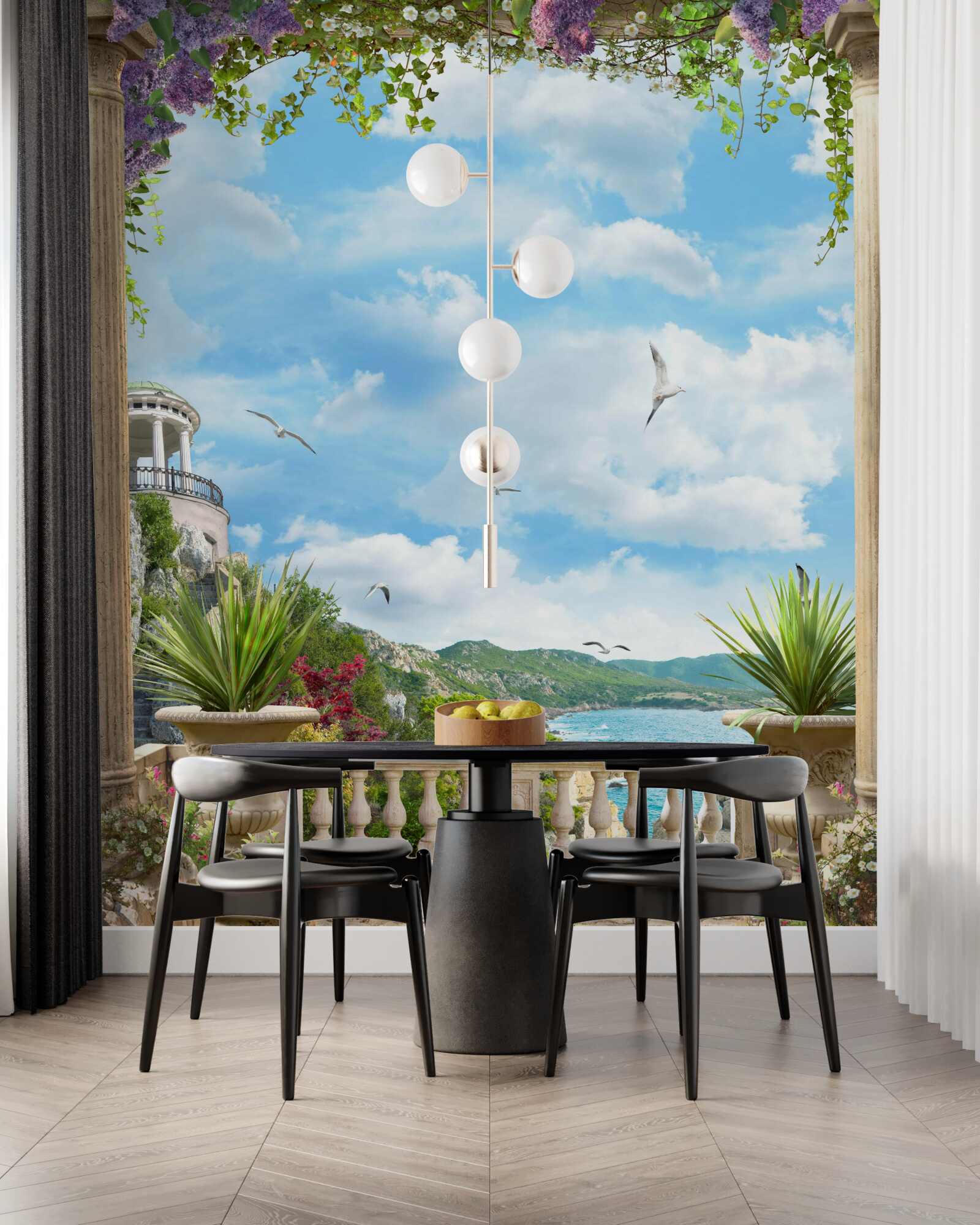 Фотошпалери квіткова арка з видом на морське узбережжя