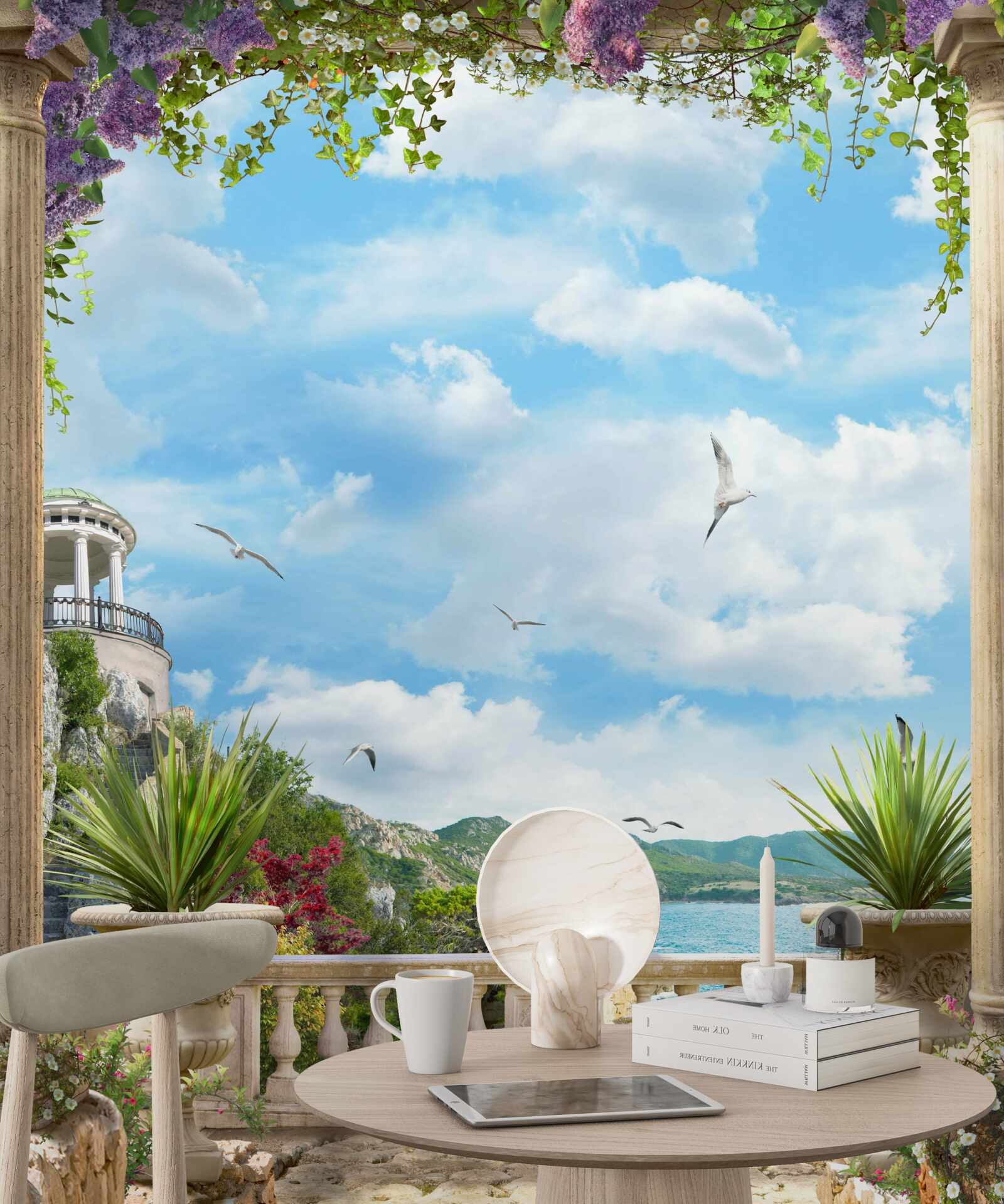 Фотошпалери квіткова арка з видом на морське узбережжя