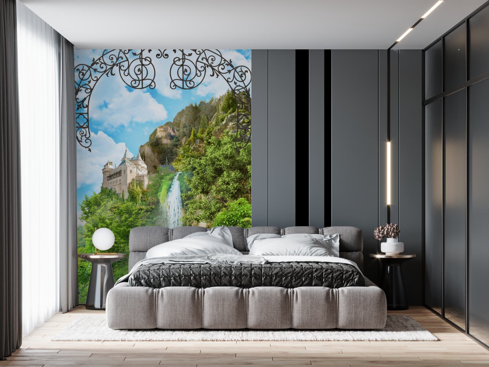 Фотошпалери вузький водоспад, що стікає вниз по схилу