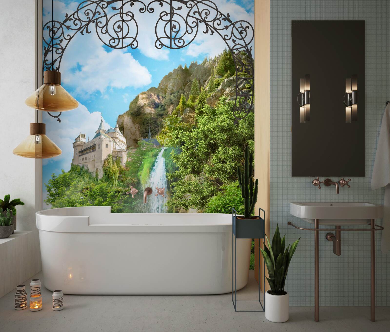 Фотошпалери вузький водоспад, що стікає вниз по схилу