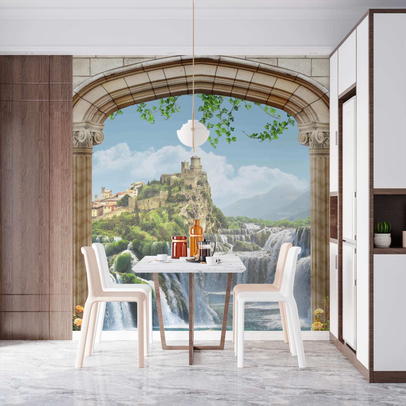 Фотошпалери вид на красиві водоспади з арки