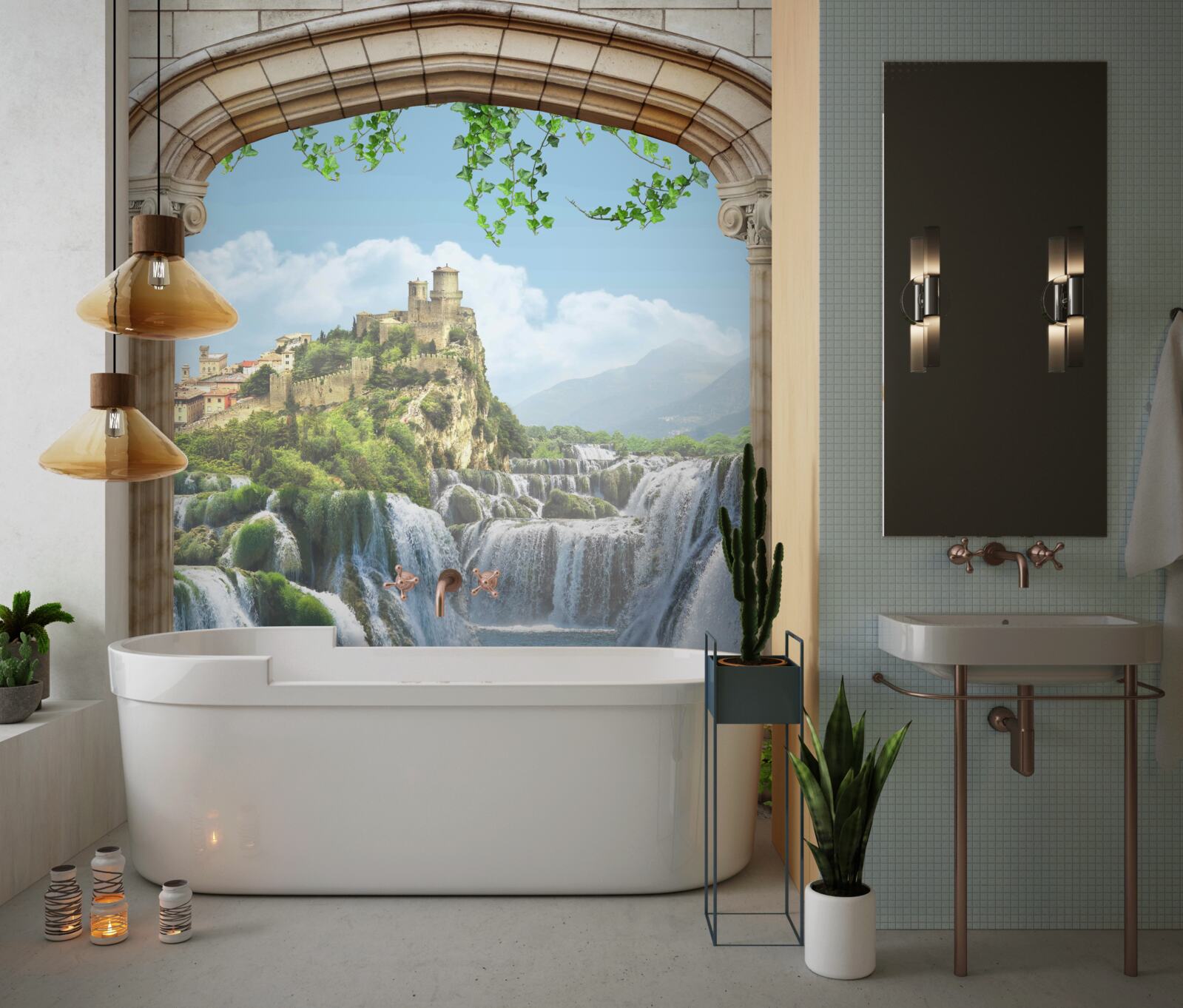 Фотошпалери вид на красиві водоспади з арки