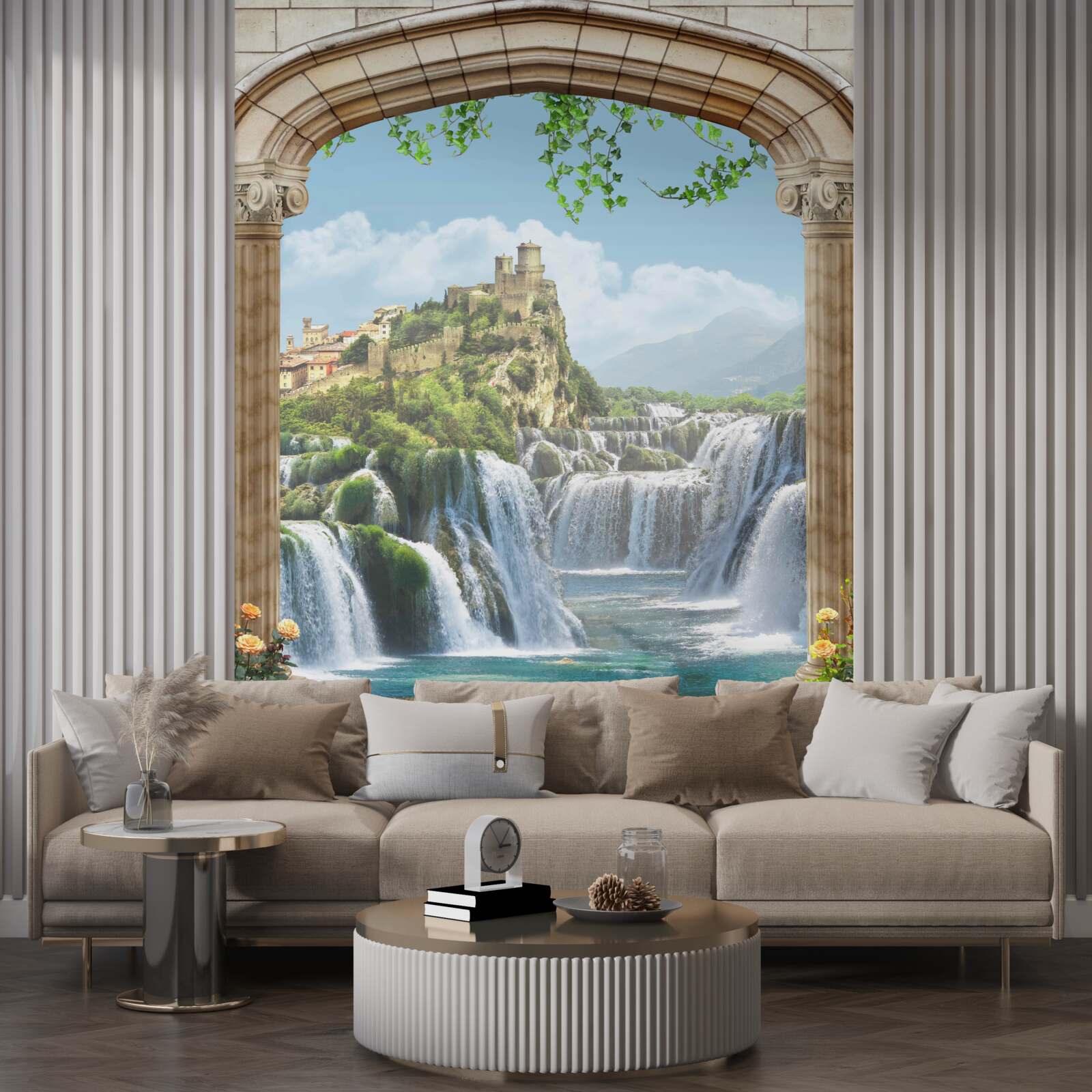 Фотошпалери вид на красиві водоспади з арки