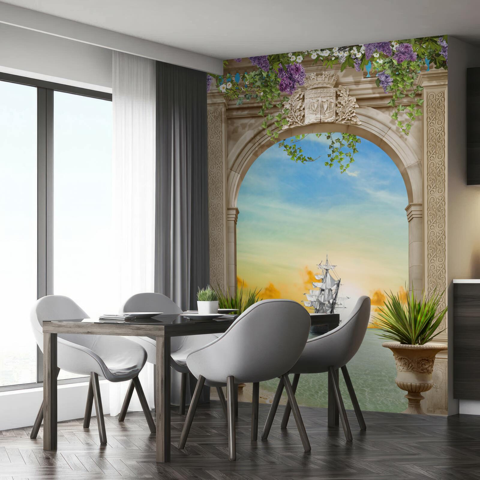 Фотошпалери морський пейзаж з носової частини з кораблем, що проходить повз