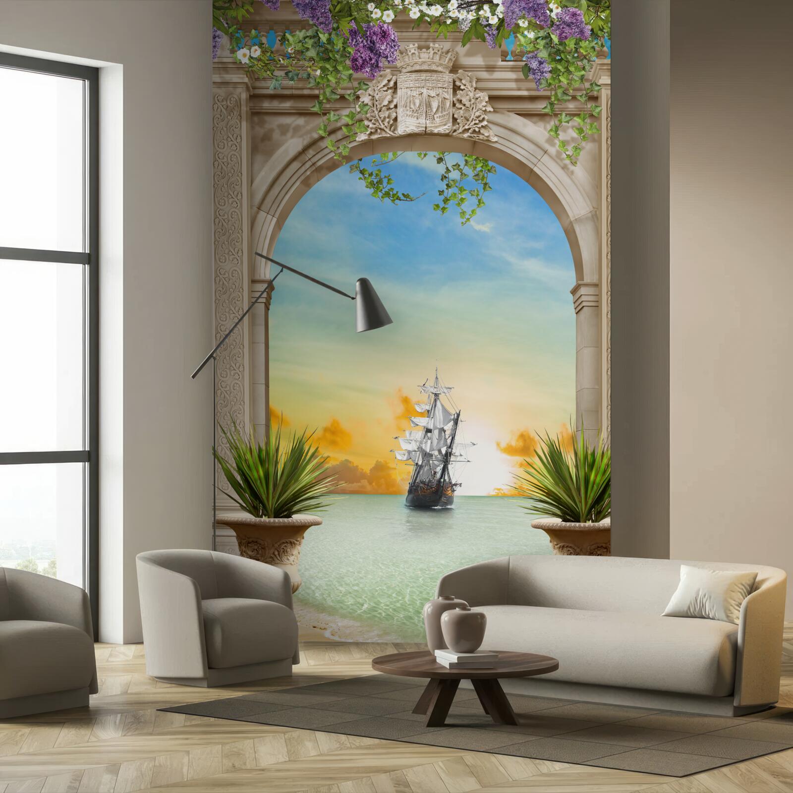 Фотошпалери морський пейзаж з носової частини з кораблем, що проходить повз