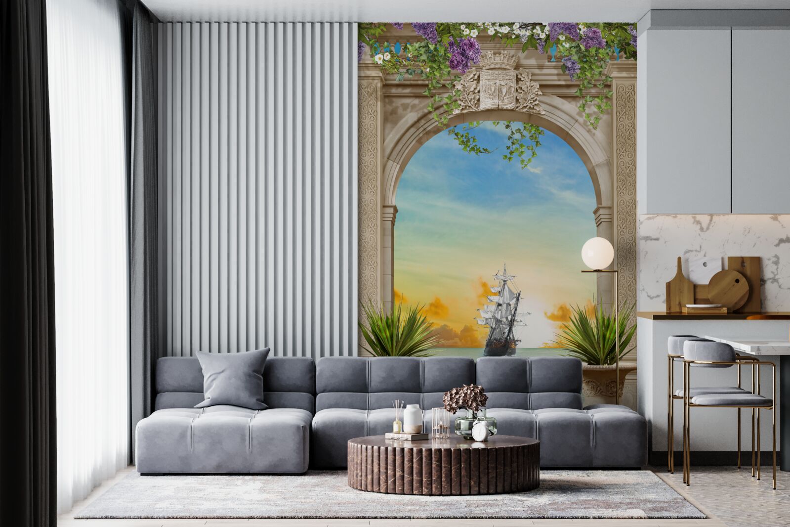 Фотошпалери морський пейзаж з носової частини з кораблем, що проходить повз