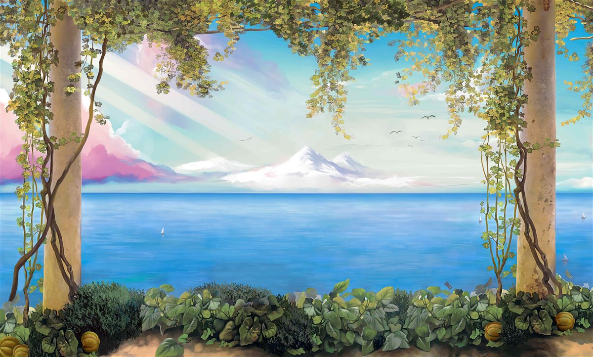 Фотошпалери пейзаж з морем і далекими горами