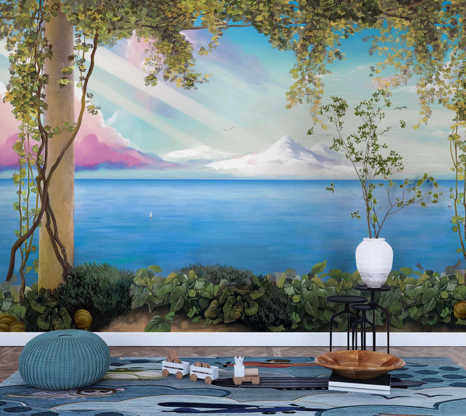 Фотошпалери пейзаж з морем і далекими горами