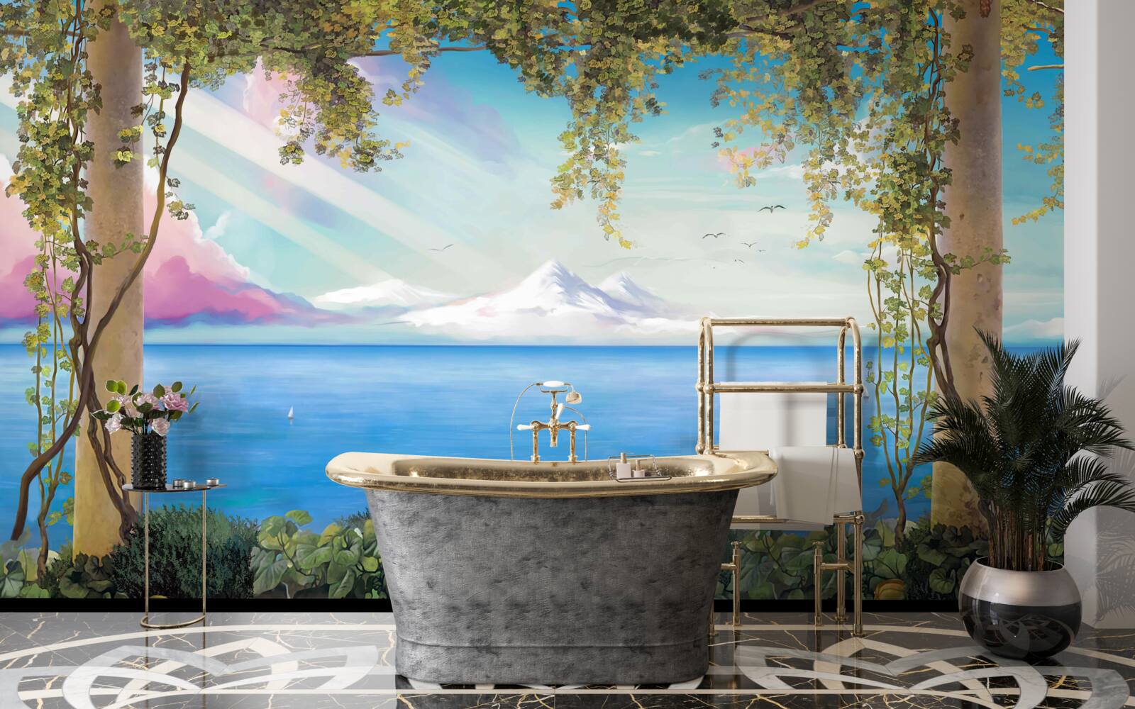 Фотошпалери пейзаж з морем і далекими горами