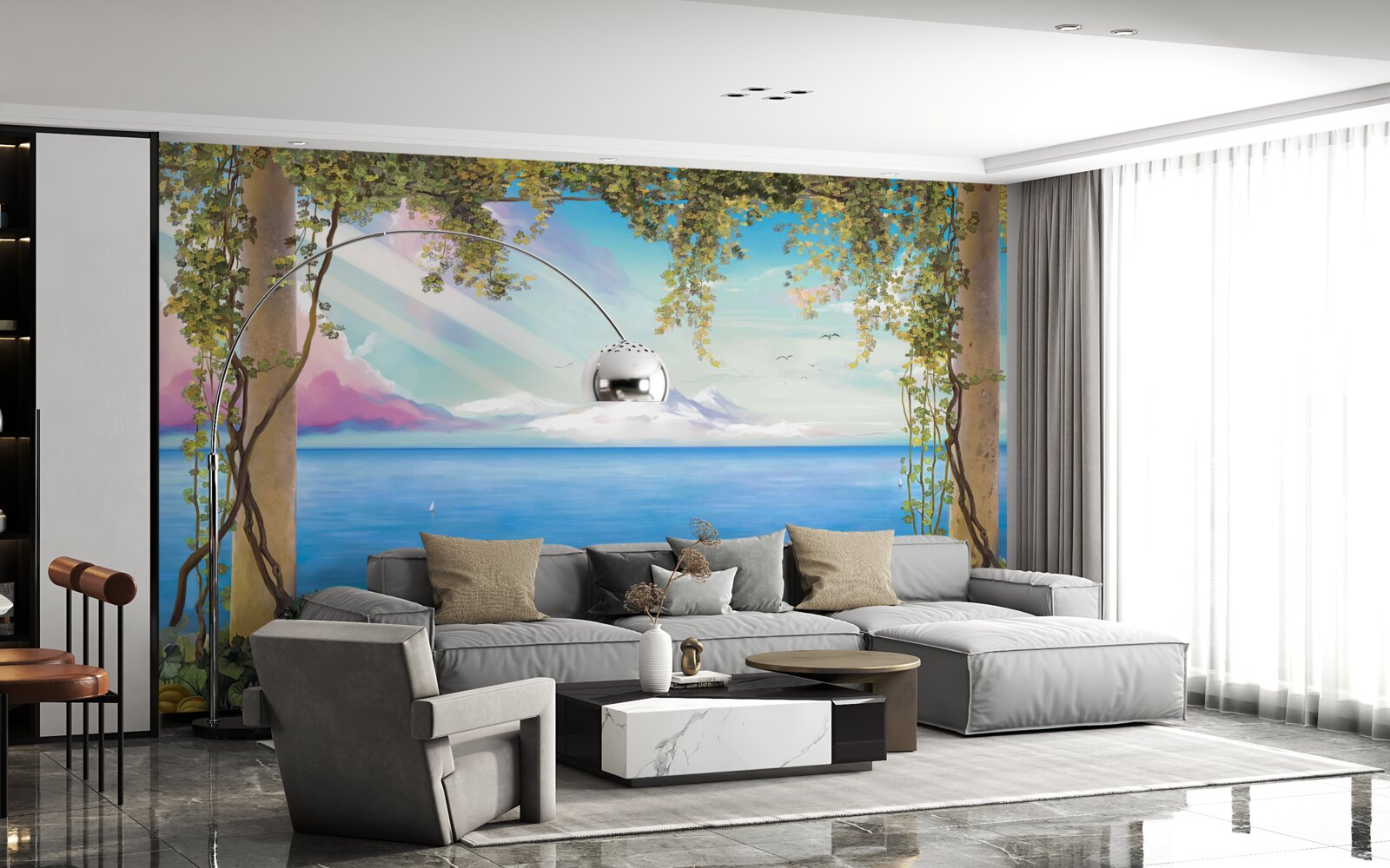 Фотошпалери пейзаж з морем і далекими горами