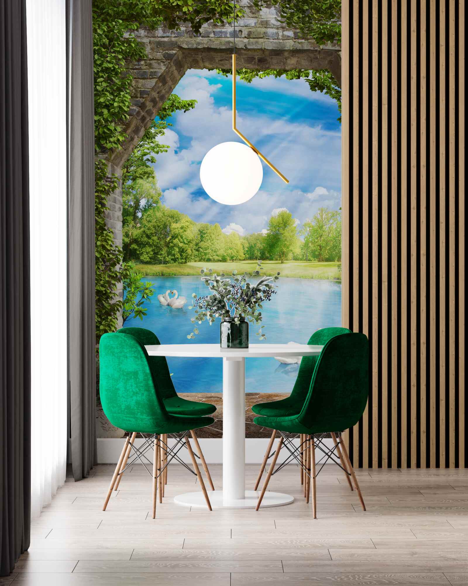 Фотошпалери по озеру плавають лебеді з білим оперенням