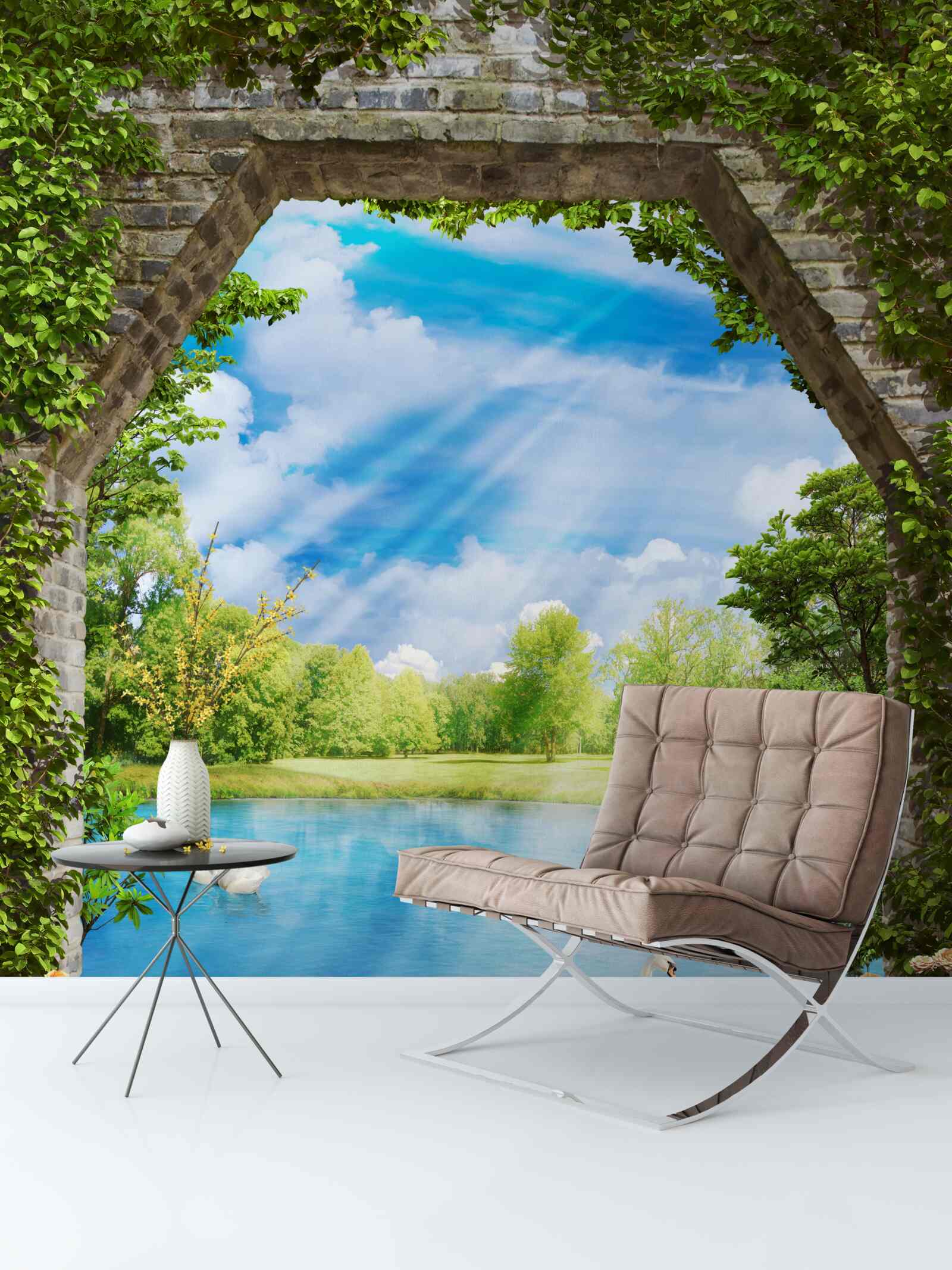 Фотошпалери по озеру плавають лебеді з білим оперенням