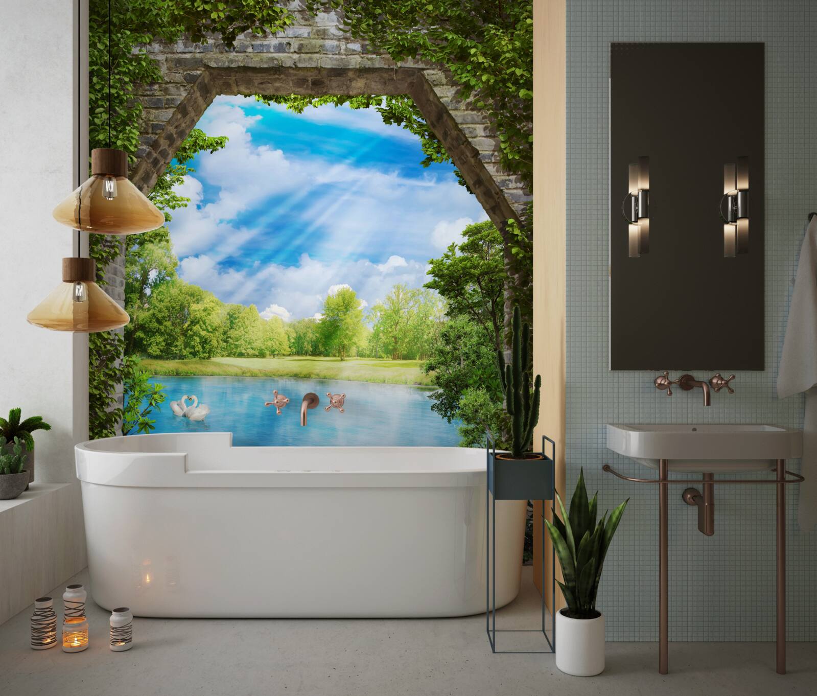 Фотошпалери по озеру плавають лебеді з білим оперенням